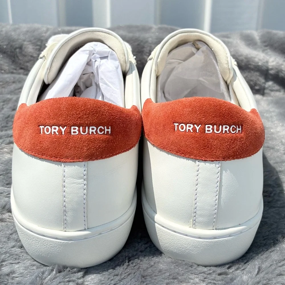 TORY BURCH NEW T-Logo Sneaker Leather Suede Trim Snow White/Canyon Orange SZ 9